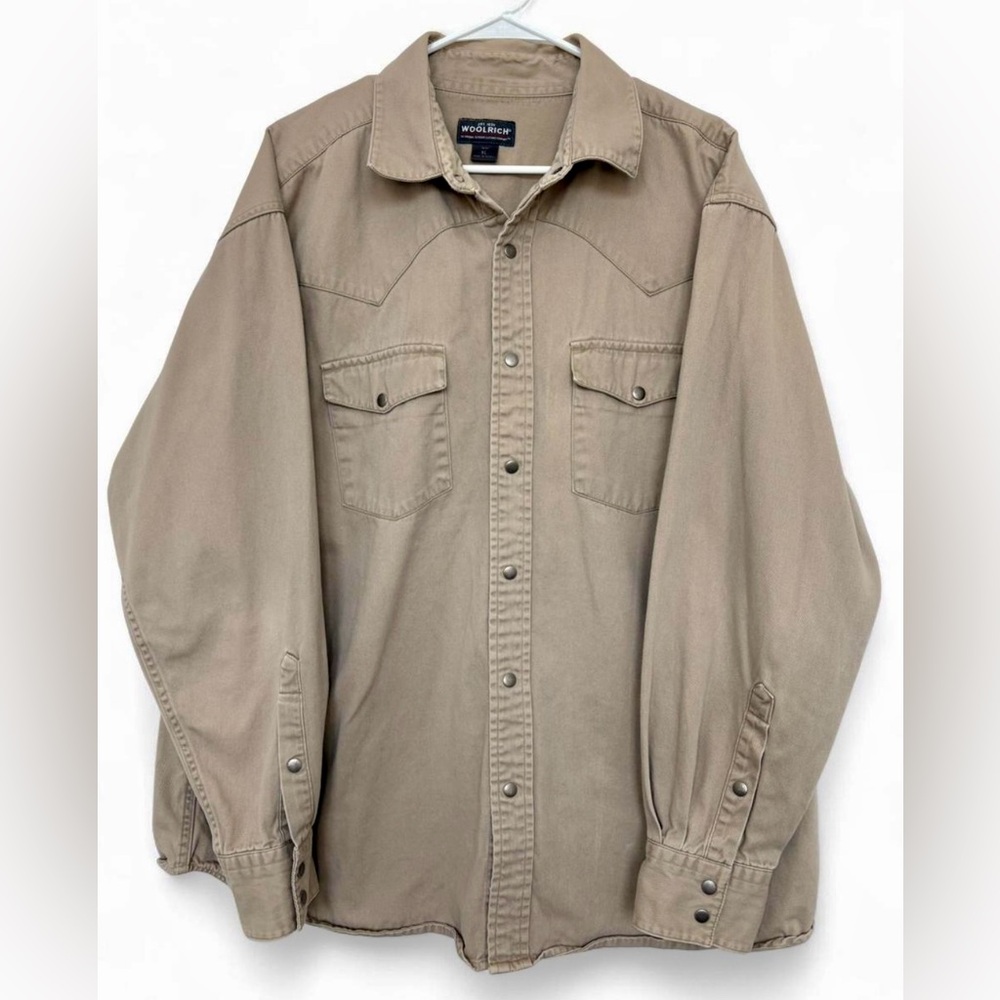 Men's‎ Woolrich Heavy 100% Cotton Snap Button Down Shirt Size XL Tan Brown